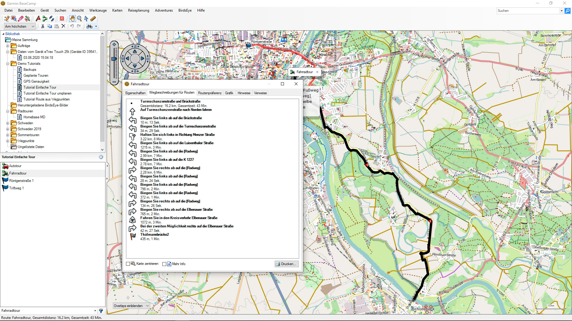 Die Bedienoberfläche von Garmin BaseCamp