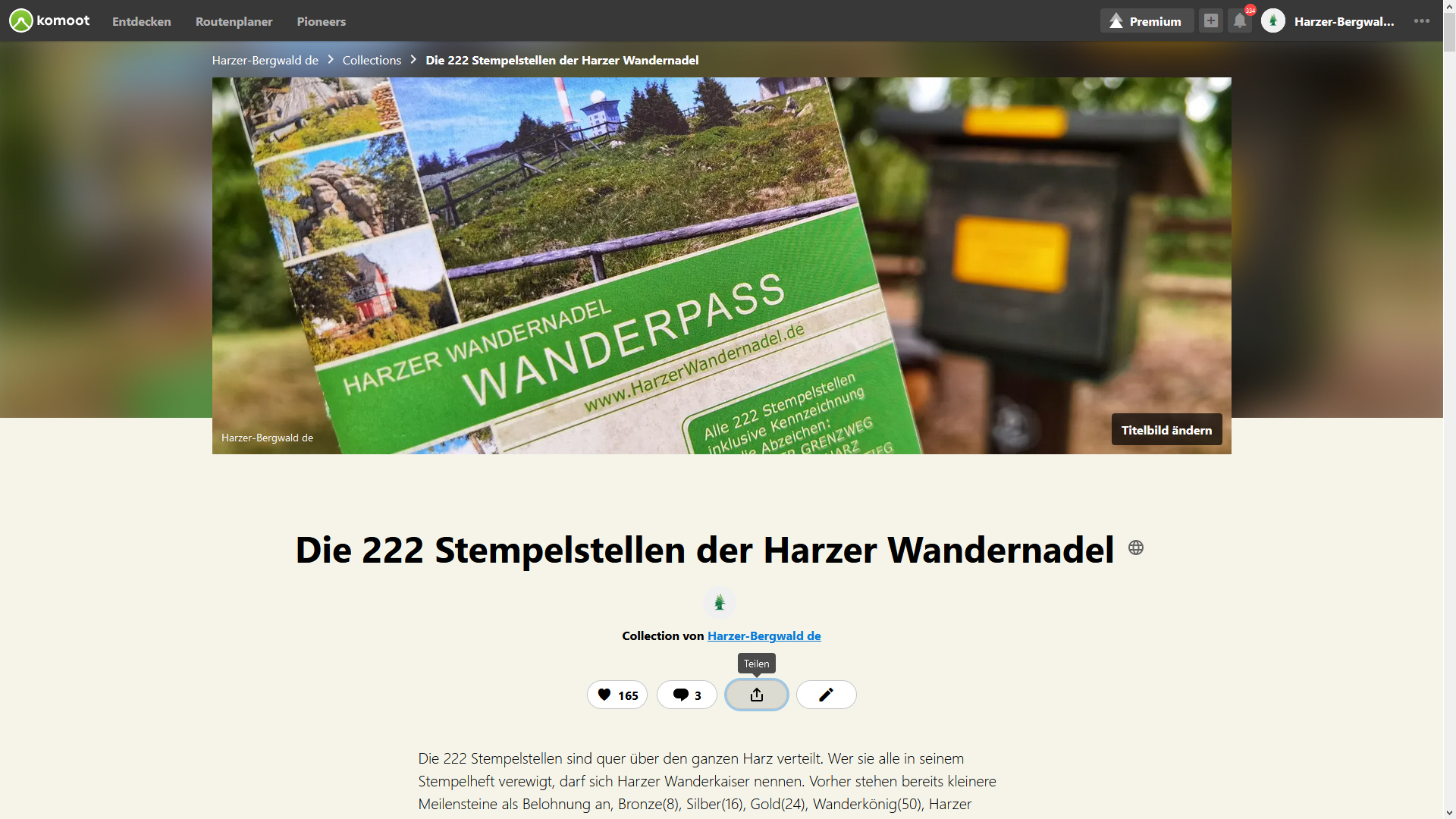 Die Komoot Collection der 222 Stempelstellen der Harzer Wandernadel