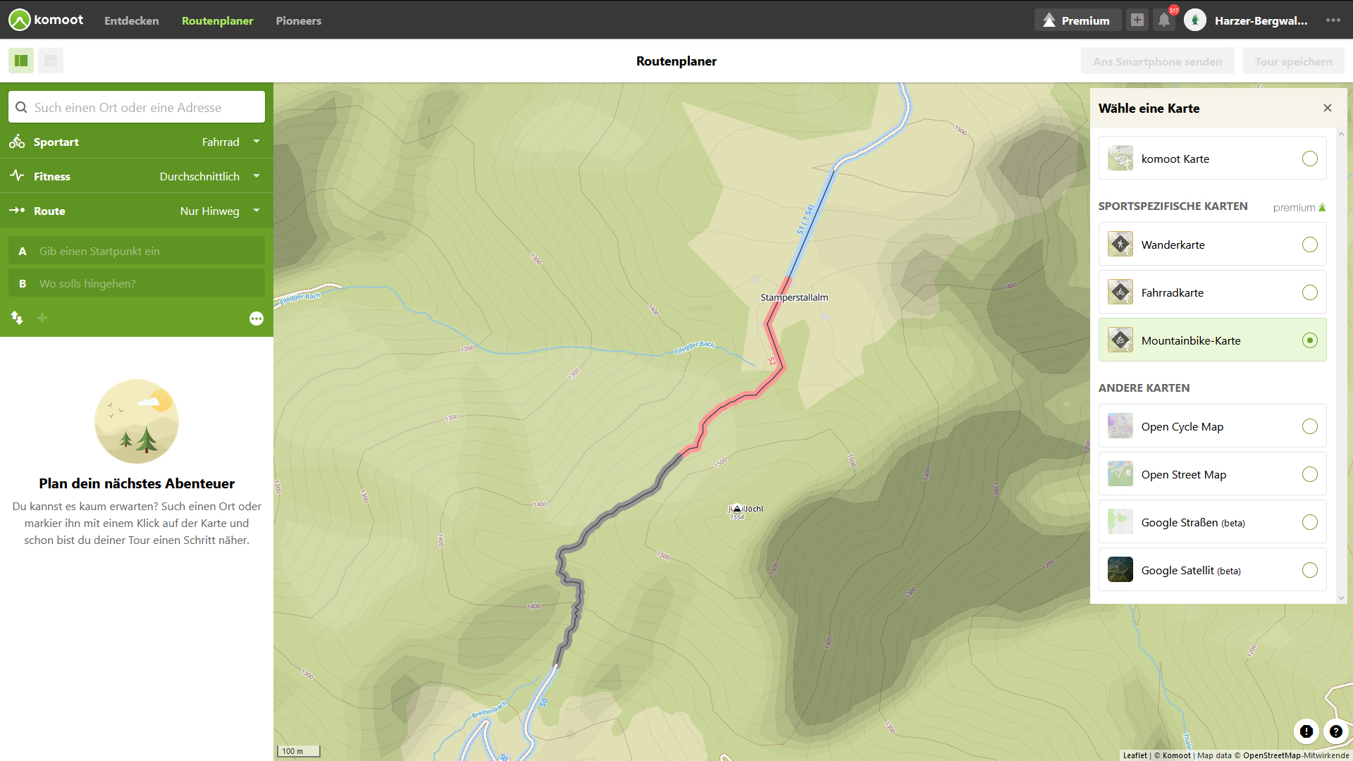 Bei Komoot Premium stehen dir sportartspezifische Karten, wie hier die MTB Karte, zur Planung zur Hand.