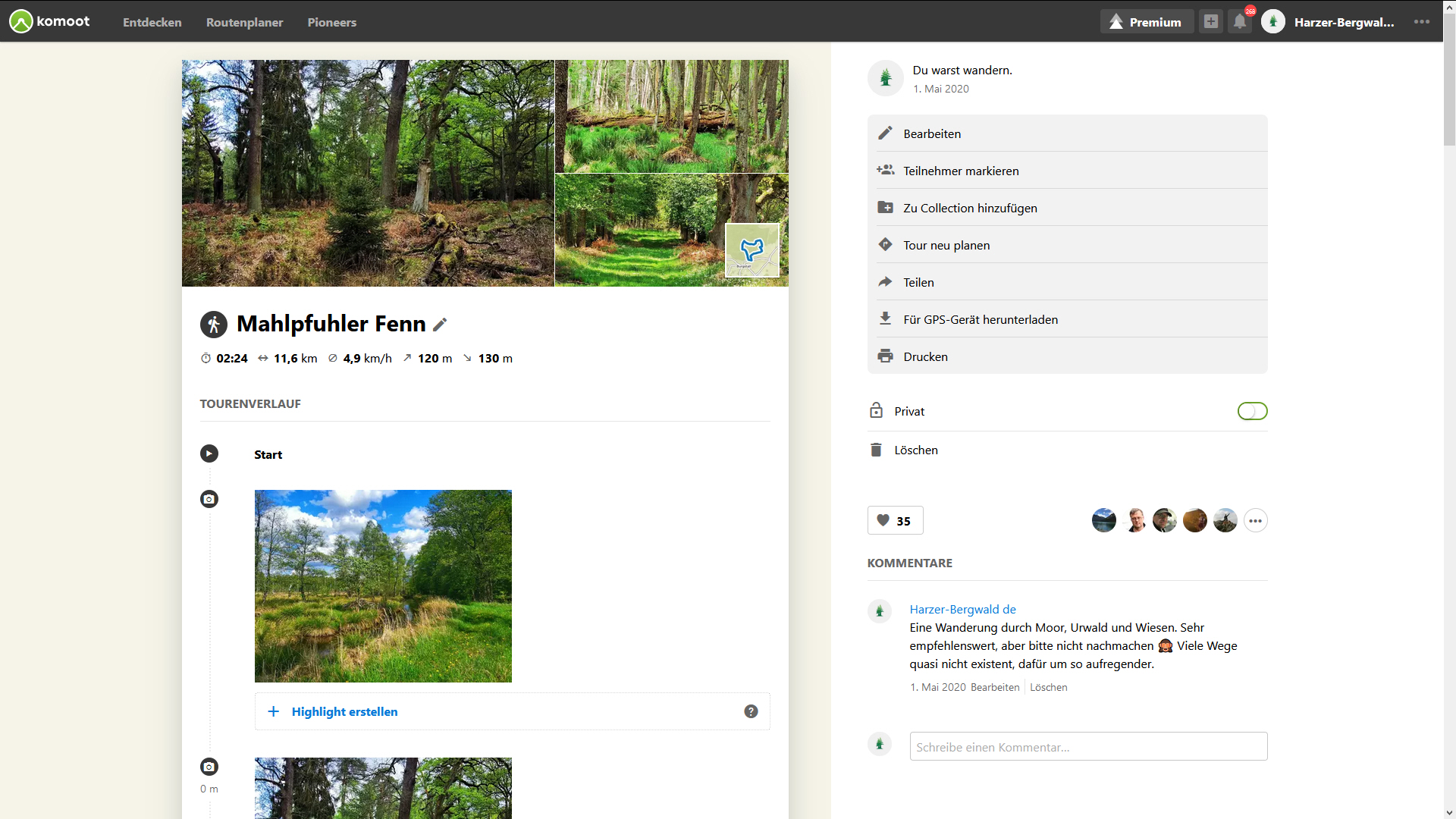 Eine gemachte Tour in Komoot. Neben statistischen Daten kannst du auch Bilder einfügen.