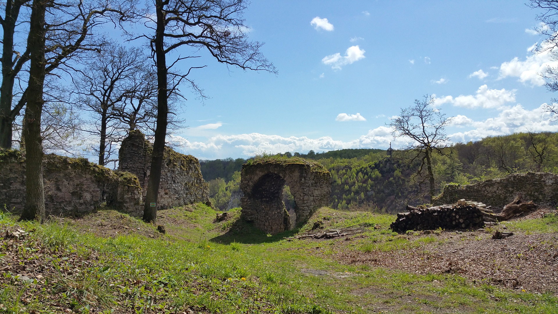 Blick über die Burgruine Questenberg mit der Queste im Hintergrund